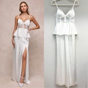 NWOT Lulus Iconic Adoration White Satin Peplum Sheer‎ Bustier Maxi Dress